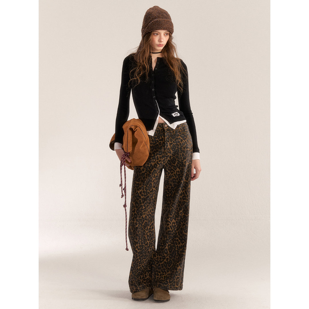 AsGony Retro Leopard High Waist Wide-Leg Pants