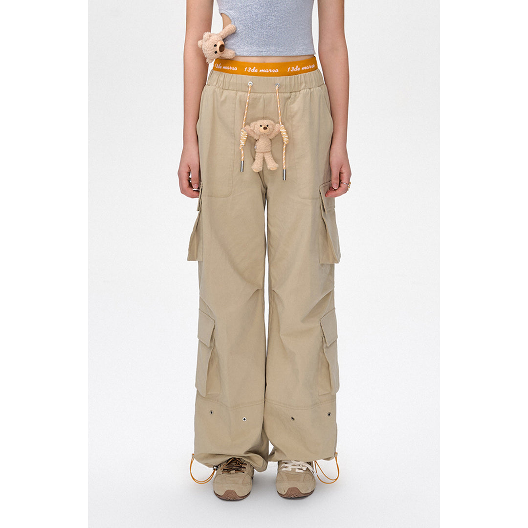 13De Marzo Bear Laced Double Elastic-Waist Cargo Pants Khaki