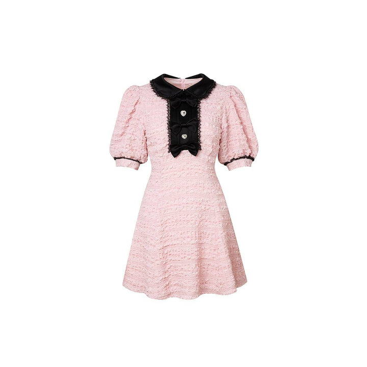 Diana Vevina Puff Sleeve Textured Crinkle Dress Black/Pink - GirlFork