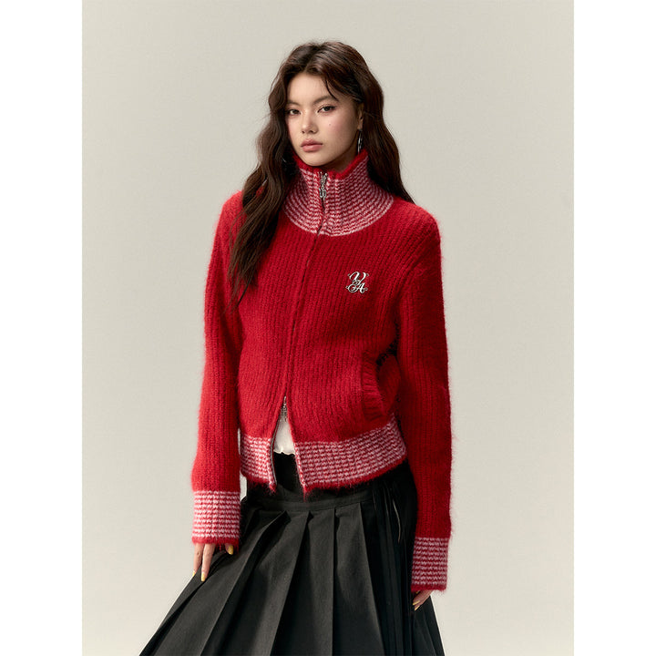 Via Pitti Color Blocked High Collar Knit Cardigan Red