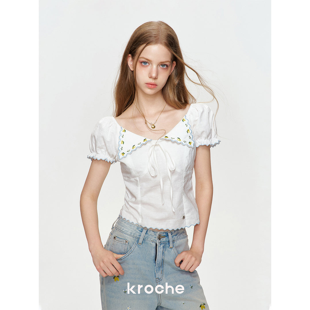 Kroche Lemon Embroidery Lace Up Shirt Top White