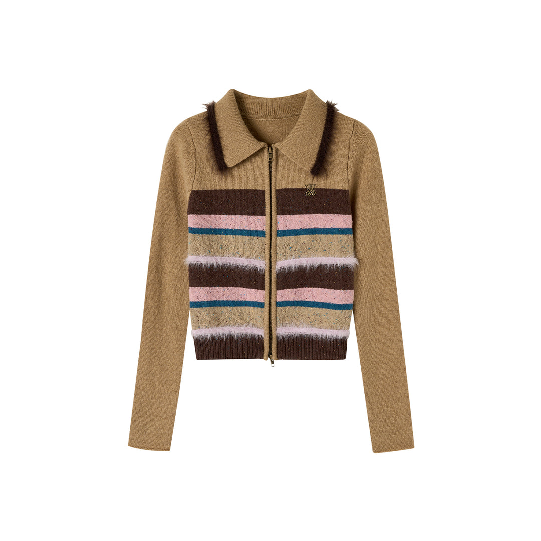 Via Pitti Fluffy Colour Striped Zip Up Woollen Top Camel - Mores Studio