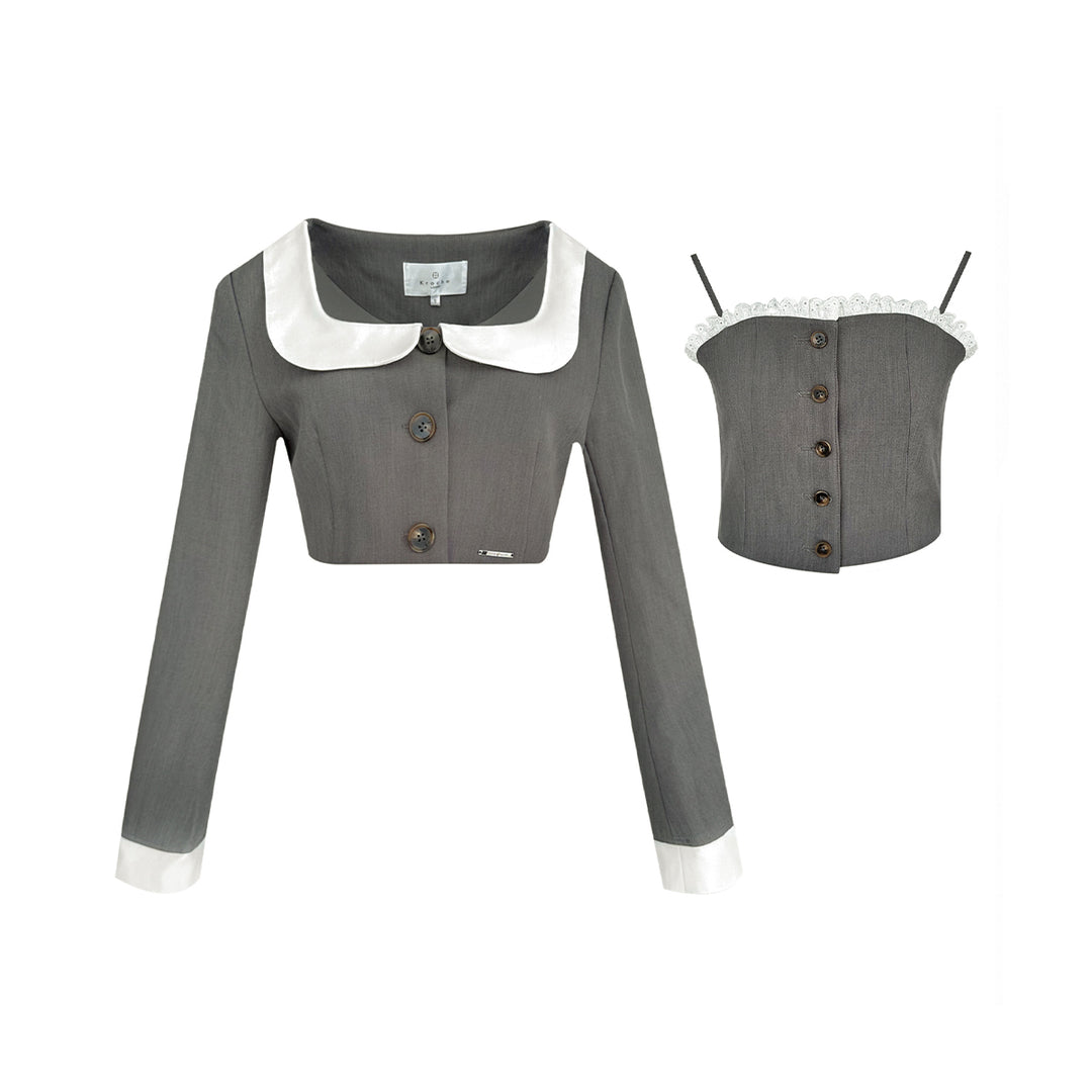 Kroche Color Blocked Lace Collar Vest & Blazer Set - Mores Studio