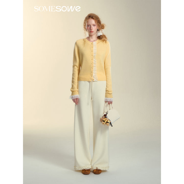 SomeSowe Lace Edge Round-Neck Knit Cardigan Yellow