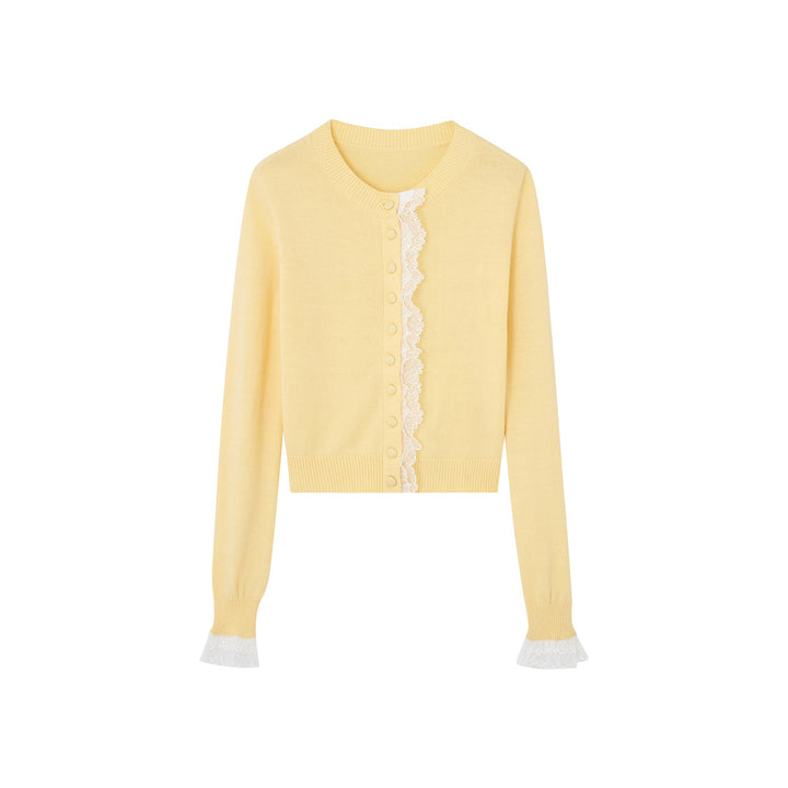 SomeSowe Lace Edge Round-Neck Knit Cardigan Yellow