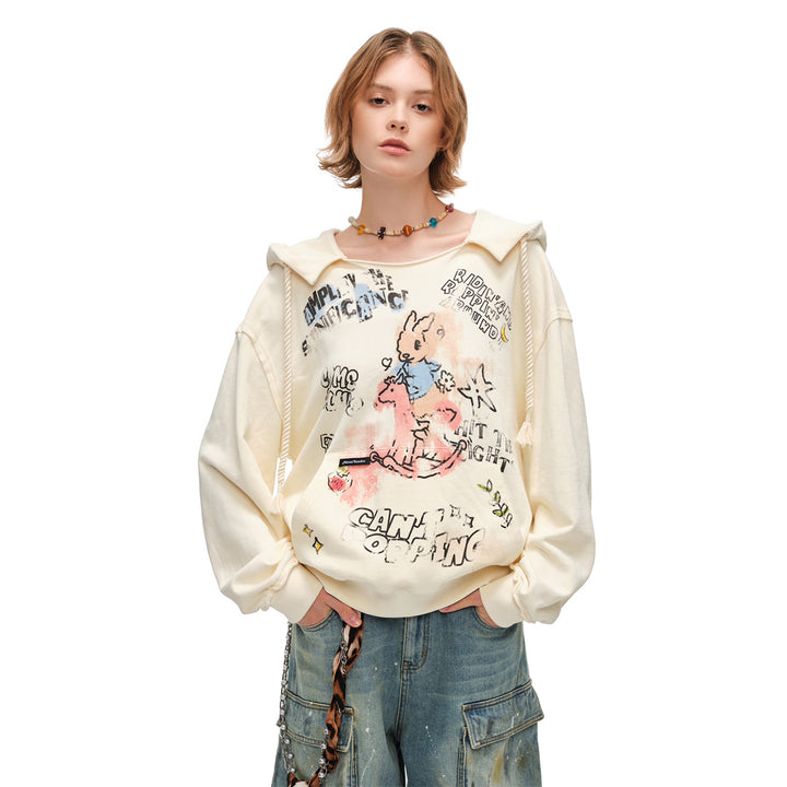 Alexia Sandra Printed Graffiti Rabbit Distressed Hoodie Yellow