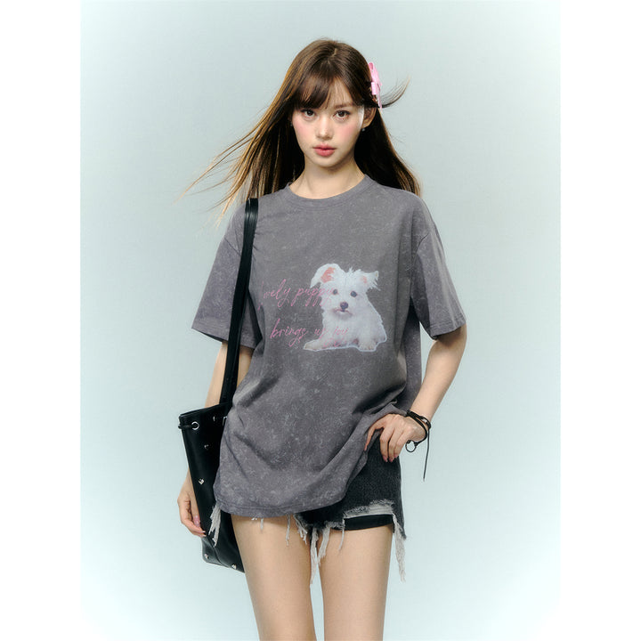 AsGony Puppy Printed T-Shirt Washed Grey