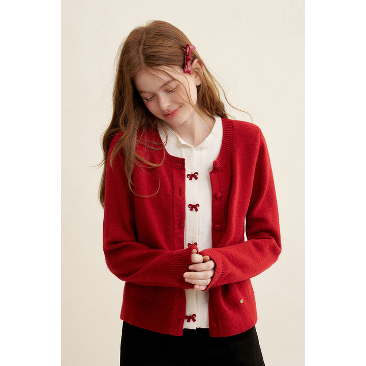 Kroche Color Blocked Fake-3-Piece Bow Woolen Cardigan Red