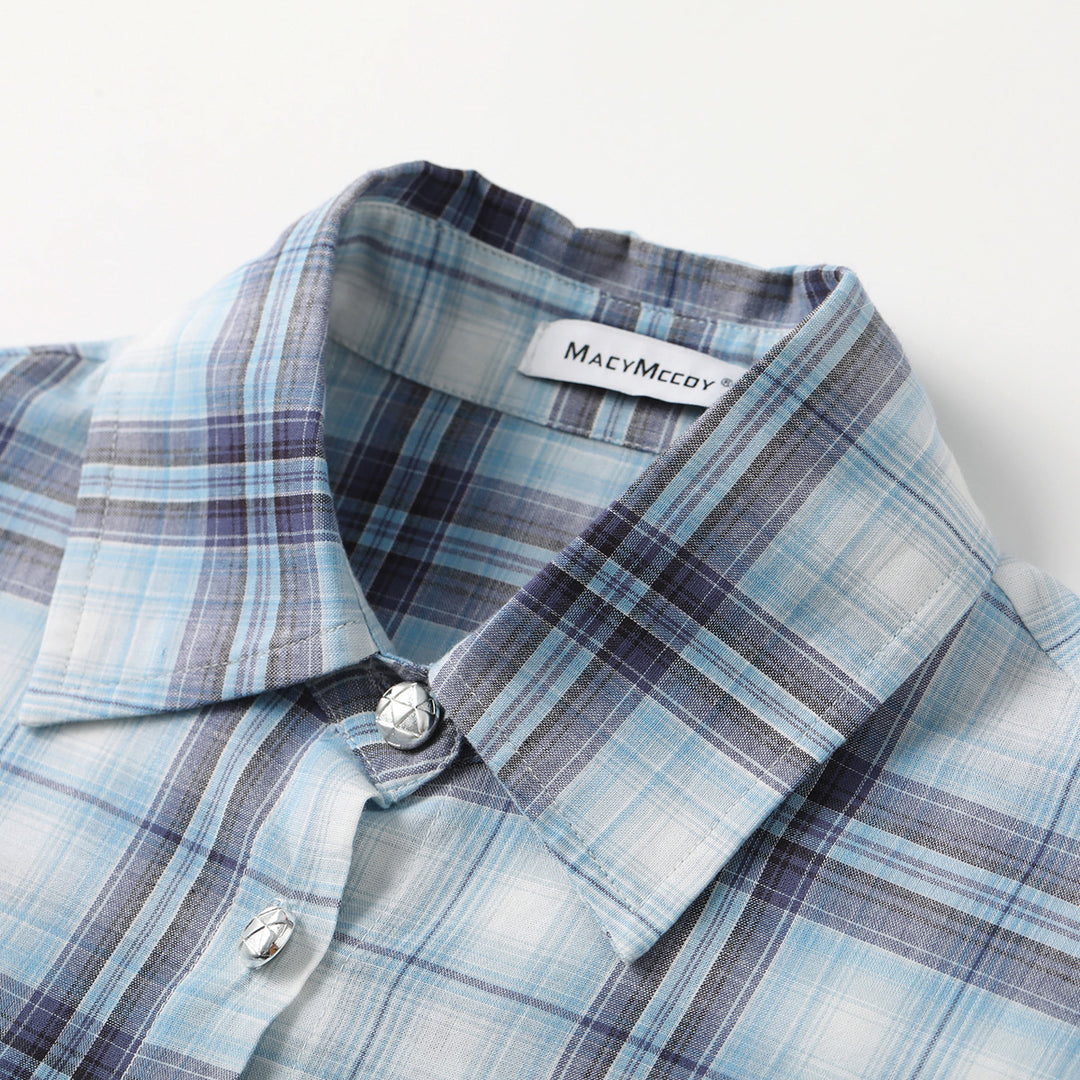 MacyMccoy Plaid Letter Embroidered Shirt Blue