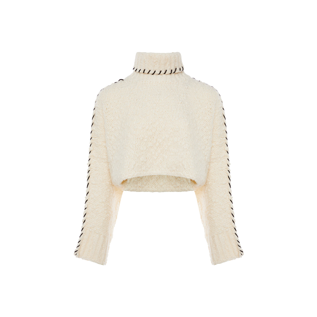 Rocha Roma Tweed Woolen Turtleneck Sweater White - Mores Studio