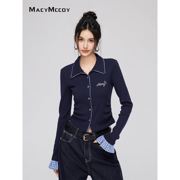 MacyMccoy Plaid Patchwork Polo Collar Knit Top Navy Blue