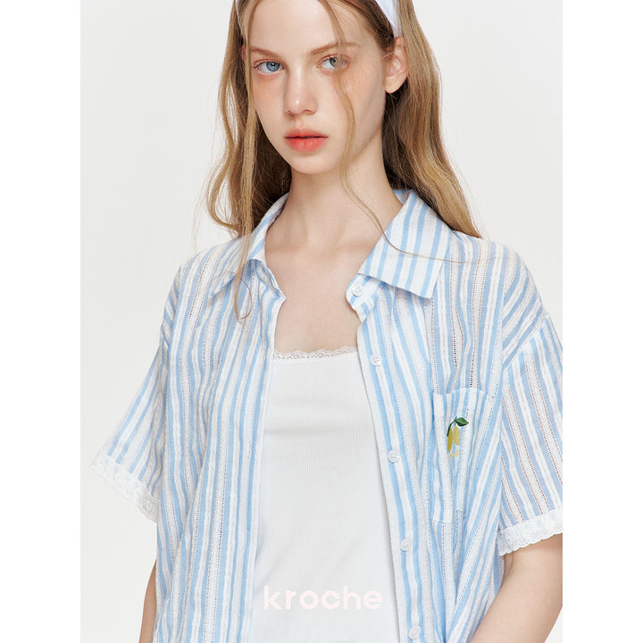 Kroche Lace Edge Hollow Out Striped Embroidery Shirt Blue