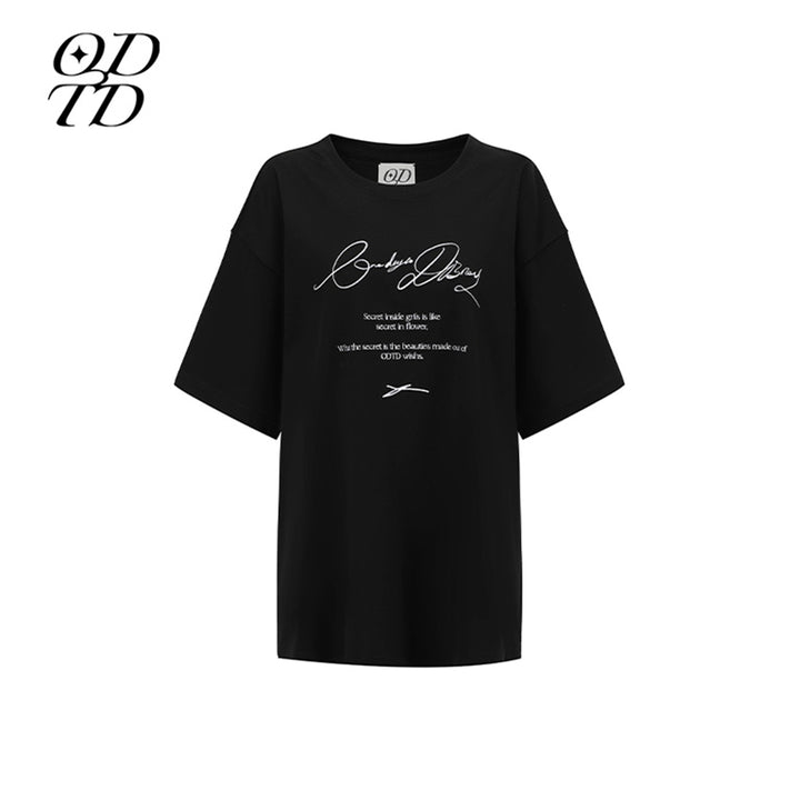 ODTD Embroidery Handwritten Slogan Logo Loose T-Shirt Black