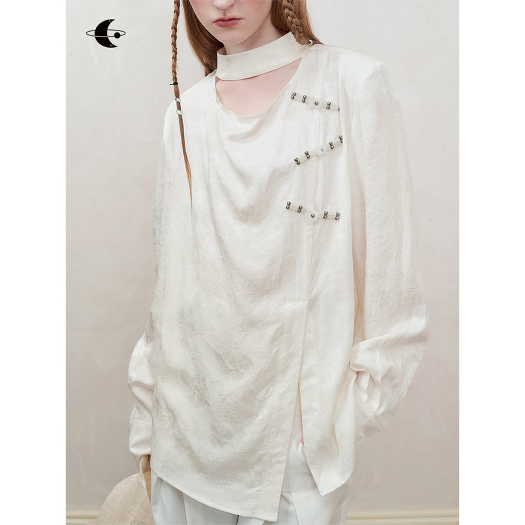 Anno Mundi Beaded Chinese-Style Jacquard Shirt White