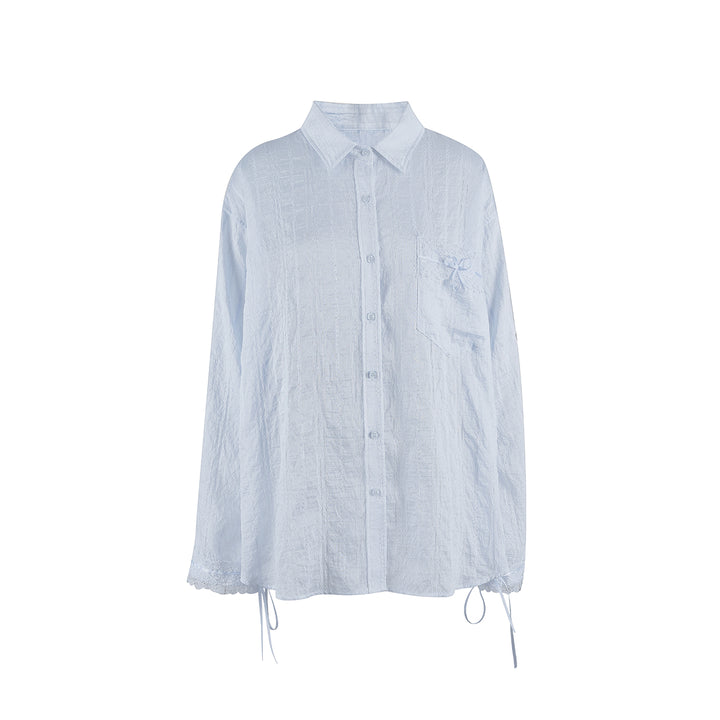 Kroche Lace Patchwork Ribbon Striped Shirt Blue