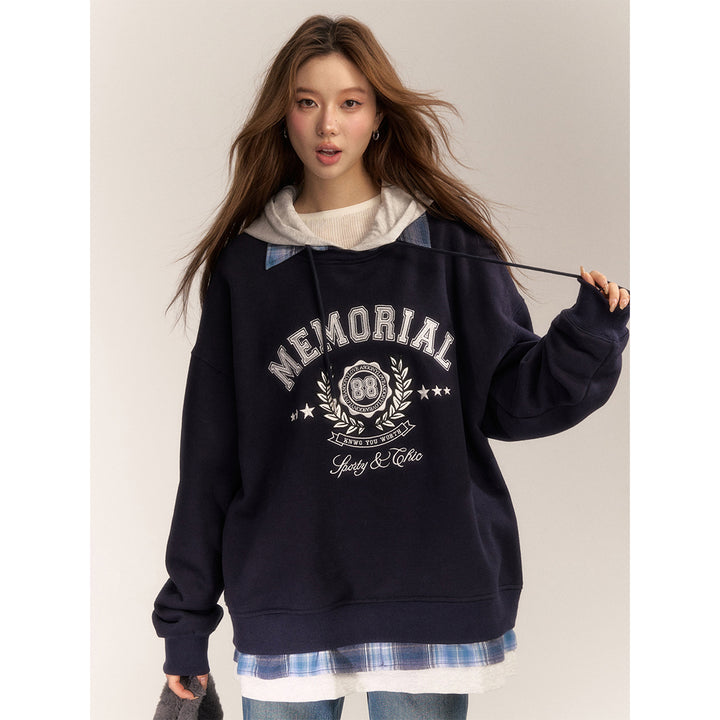 AsGony Fake-3-Piece Plaid Patchwork Retro Printed Hoodie