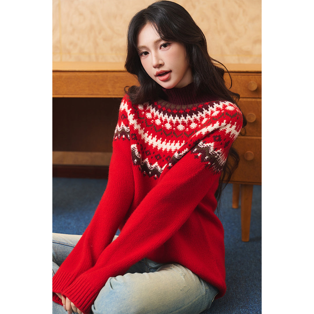 Three Quarters Fair Isle Jacquard Color Contrast High Collar Sweater Red