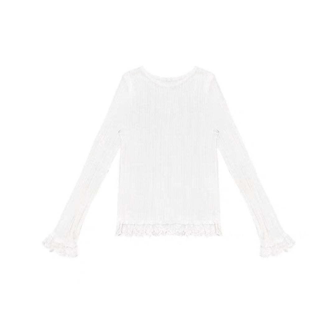 AsGony Blended Woolen Lace Edge Slim Knit Top White