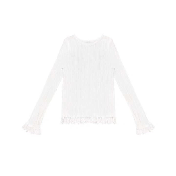 AsGony Blended Woolen Lace Edge Slim Knit Top White