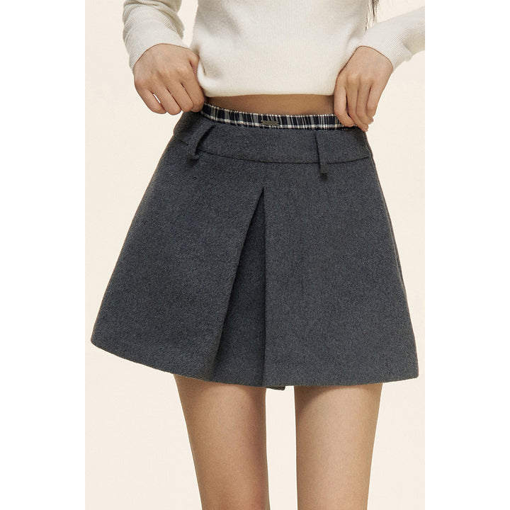 Liilou Plaid Patchwork Double Waist Woolen Tweed Skirt Gray