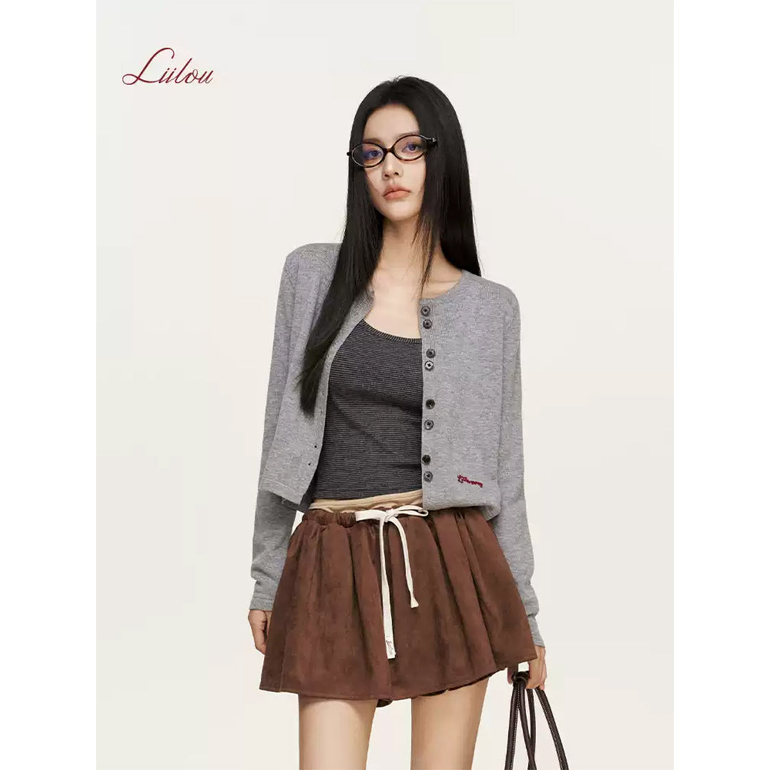 Liilou Chain Embroidery Woolen Knit Cardigan Gray