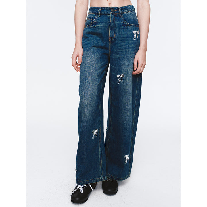 Herlian Bow Sequin Wide-Leg Denim Pants Blue