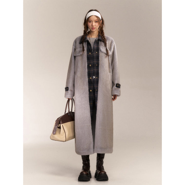 AsGony Plaid Patchwork Faux Fur Fuzzy Long Coat Gray