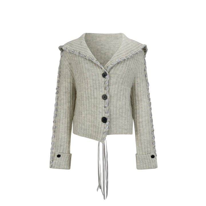 Via Pitti Heavy Big Lapel Ribbon Knit Cardigan Light Gray