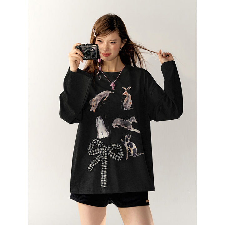 AsGony 3D Bow Knot Cartoon Casual L/S T-Shirt Black