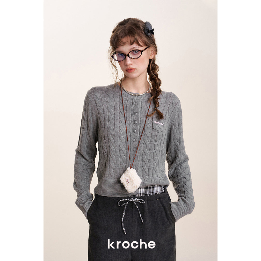 Kroche Twist Texture Woolen Cardigan Gray