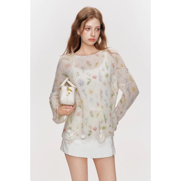 Kroche Hand-Drawn Floral Mohair Destroyed Knit Top