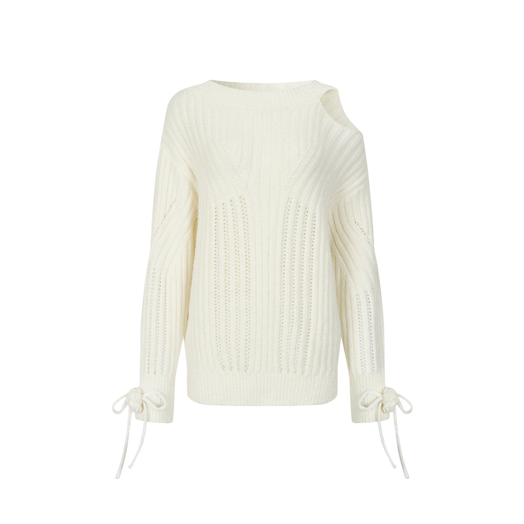 Via Pitti Rose Bow Irregular Collar Two-Way Sweater White