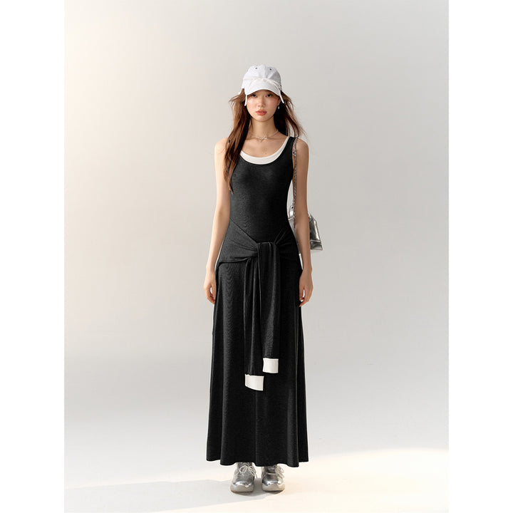 AsGony Fake-2-Piece Strap Knit Vest Long Dress Black