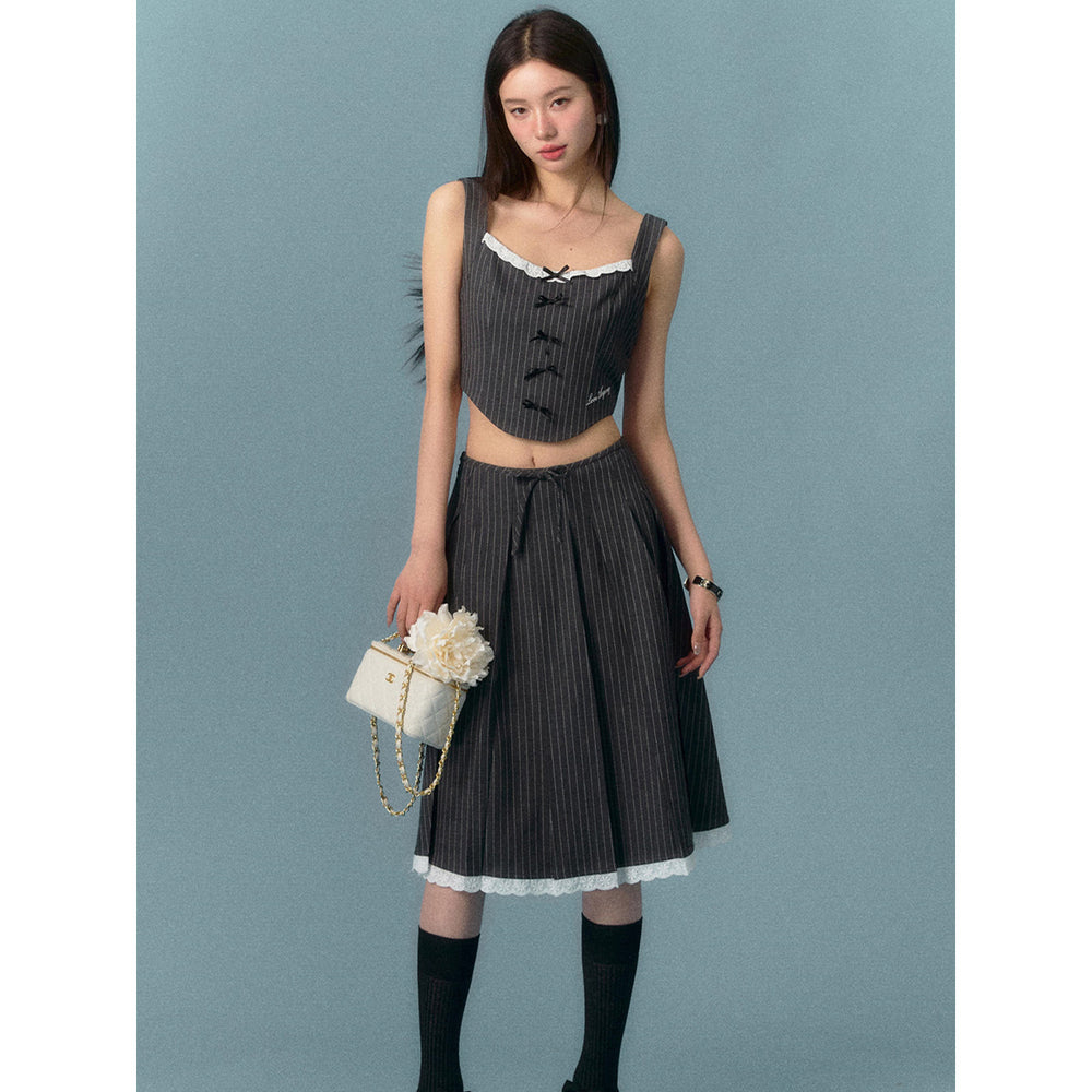 AsGony Bow-Knot Striped Long Skirt - Mores Studio
