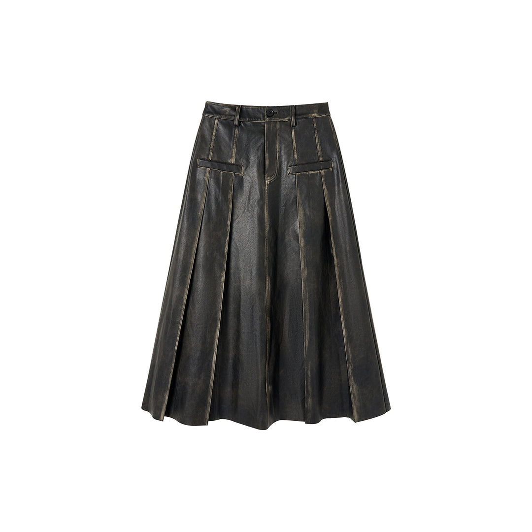 Via Pitti Brush-Off Leather Pleated Long Skirt - Mores Studio