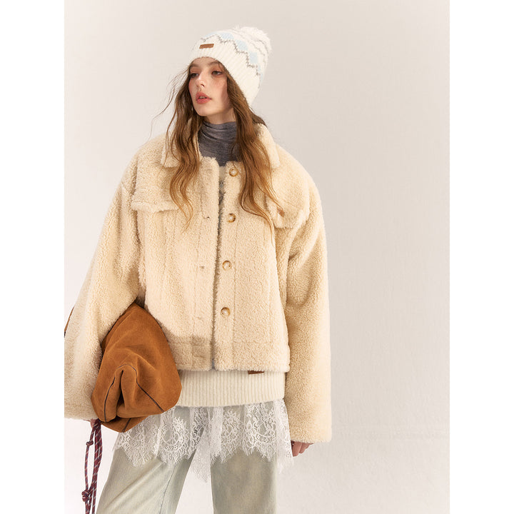 AsGony Casual Lapel Woolen Fleece Jacket Beige