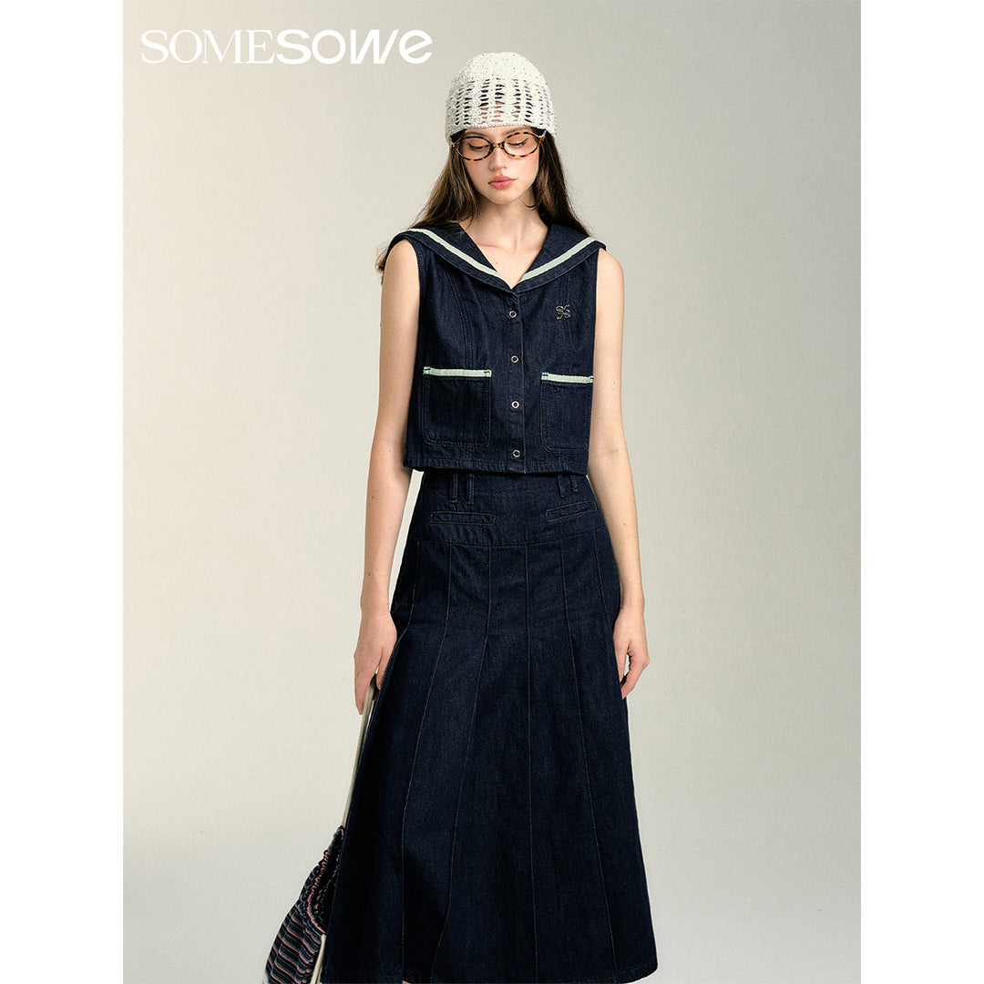 SomeSowe Contrast Color Sailor Collar Denim Top