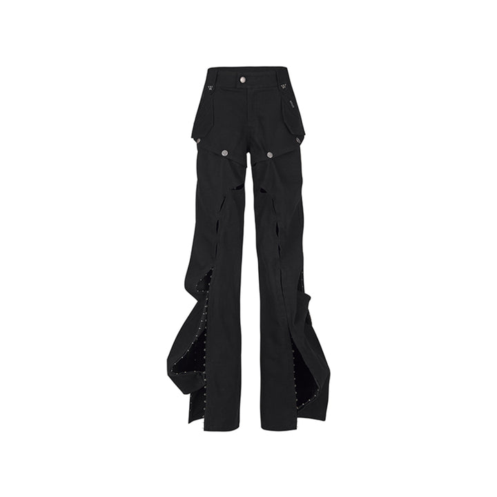 NotAwear Cargo Detachable Hollow Cutting Flare Jeans Black - Mores Studio
