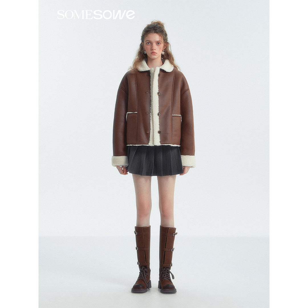 SomeSowe Lapel Leather Integrated Furry Short Jacket Brown