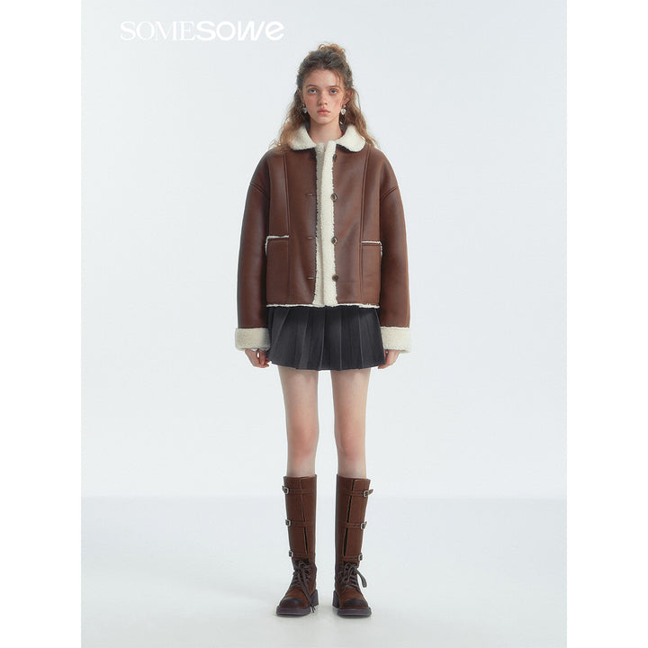 SomeSowe Lapel Leather Integrated Furry Short Jacket Brown