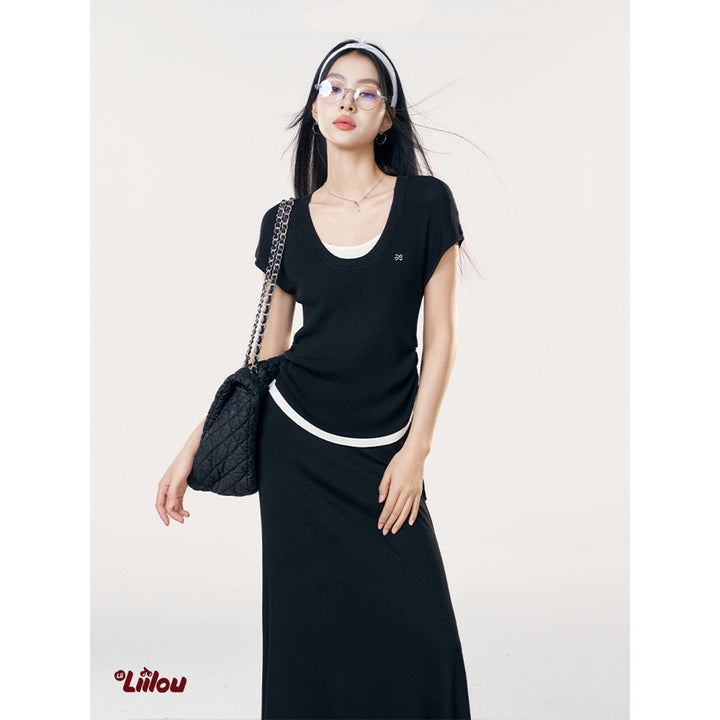 Liilou Fake-2-Piece Contrast Color Pleated Knit Top Black