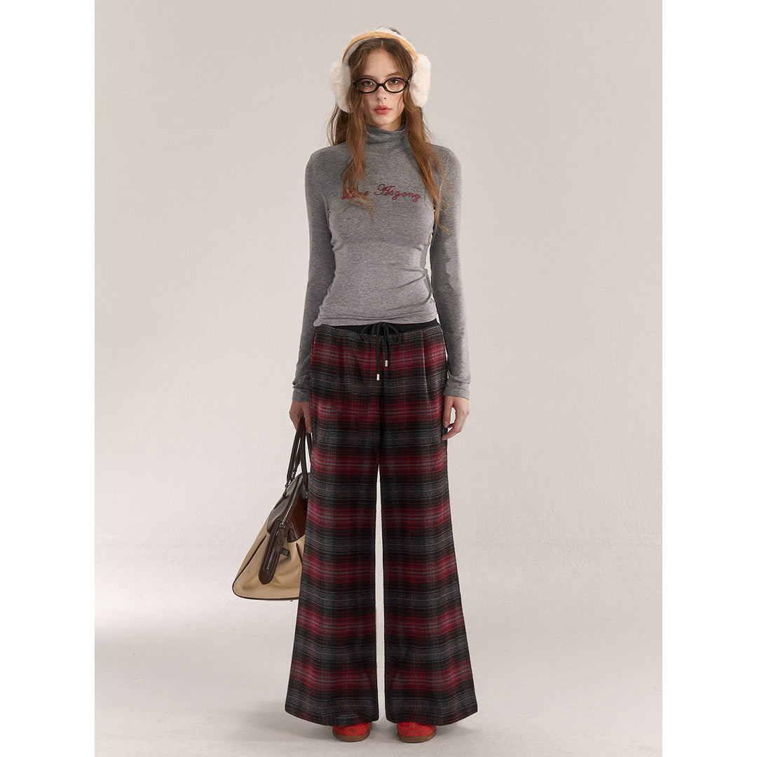 AsGony Retro Plaid Elastic-Waist Wide-Leg Pants