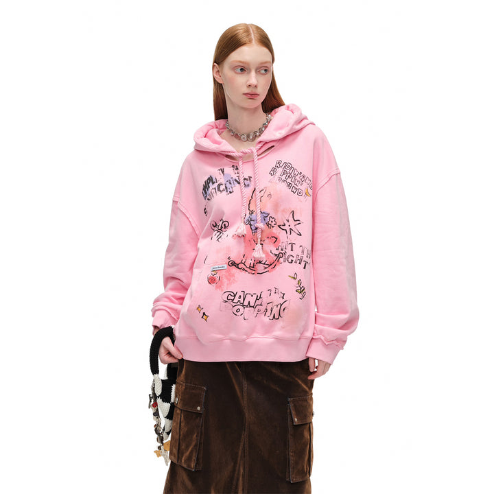 Alexia Sandra Printed Graffiti Rabbit Distressed Hoodie Pink