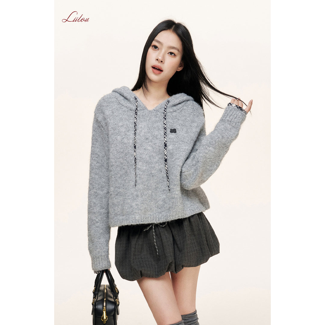 Liilou Plaid Drawstring Hooded Casual Knit Sweater