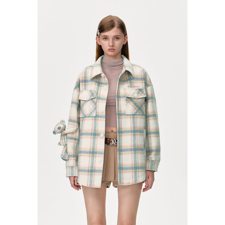 13De Marzo Plaid Bear Shirt Coat Beige