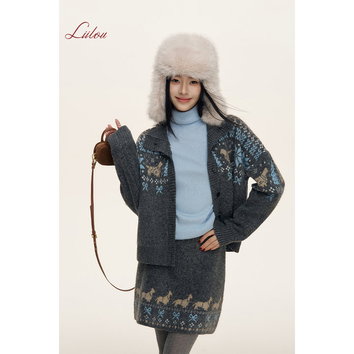 Liilou Fair Isle Jacquard Lapel Woolen Knit Cardigan