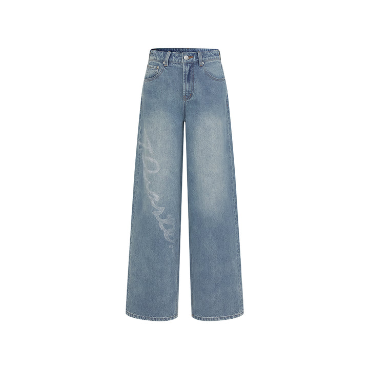 Three Quarters Hotfix Logo Loose Wide-Leg Jeans Blue