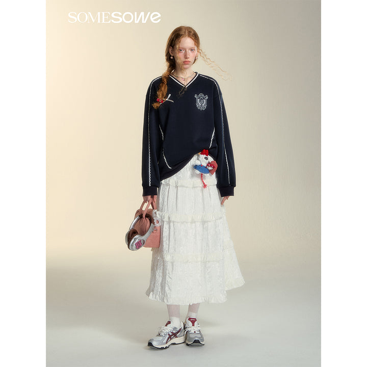 SomeSowe Lace Badge V-Neck Sweatshirt Navy Blue