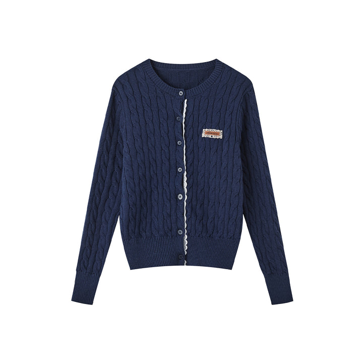 SomeSowe Lace Patchwork Twist Knit Cardigan Navy Blue