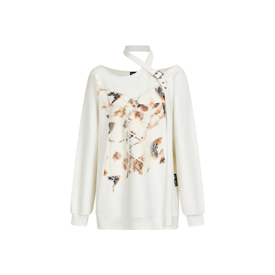 Via Pitti Special Lace Patchwork Off Shoulder Sweater White